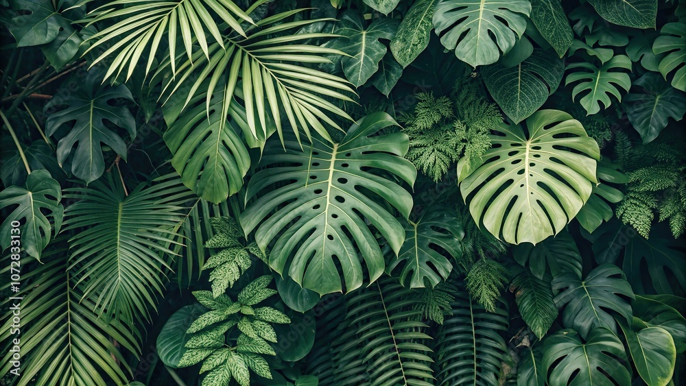 Fototapeta premium Exotic jungle foliage with various tropical plants and leaves arranged in a seamless repeating pattern, vines, tropical plants, nature, foliage