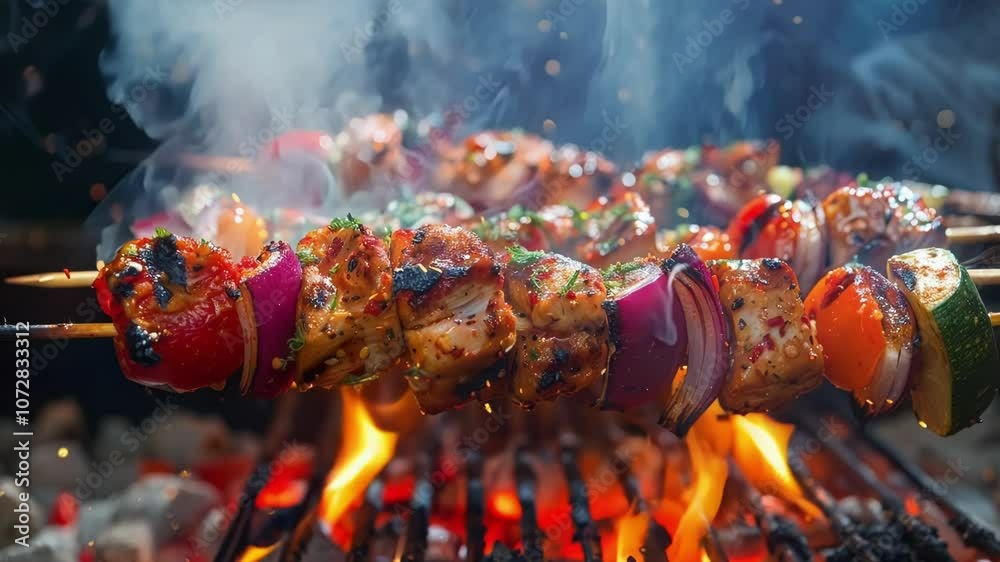 Sizzling chicken skewers cook on a charcoal grill, sending sparks flying. Enjoy a flavorful bbq party with friends and family outdoors