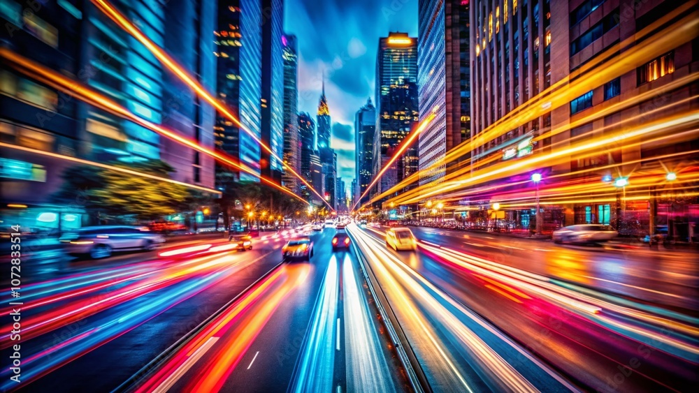 Fototapeta premium Speeding Through Neon Lights: A Dynamic Nighttime Scene of Blurred Motion and Vibrant Colors with a Bokeh Effect, Showcasing the Energy and Excitement of Urban Life After Dark