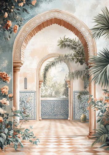 beautiful archway with flowers for wedding invitation, wedding backdrops, arabic