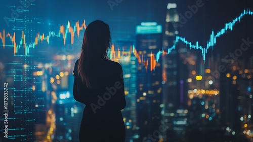 Abstract business woman stands on the peak of success amid tall, innovative Smart city and graphs with statistics to analyze business potential and predict future developments in company growth.