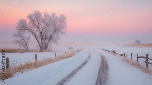 Frosty Trees and a Snowy Country Road at Dawn