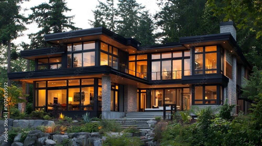 Modern Home with Large Windows and Black Roof Modern Home with Large Windows and Black Roof
