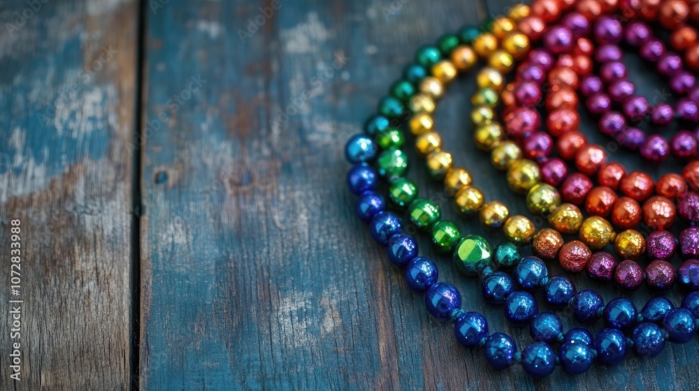 Fototapeta premium Colorful Beads on Rustic Wooden Surface