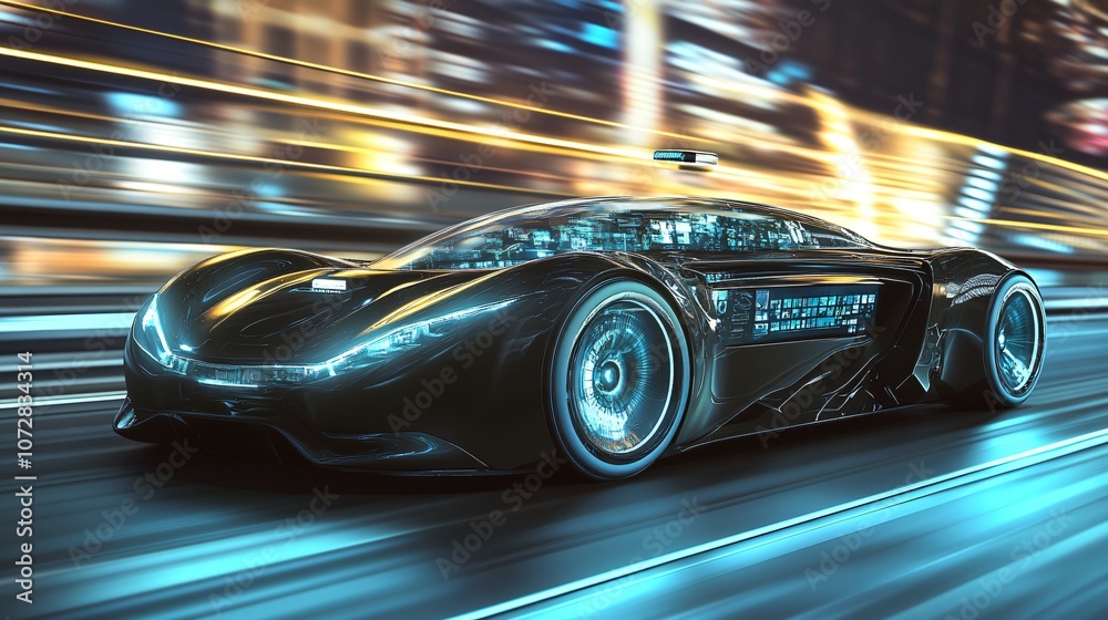 Futuristic Sports Car Speeding Through City at Night Futuristic Sports Car Speeding Through City at Night