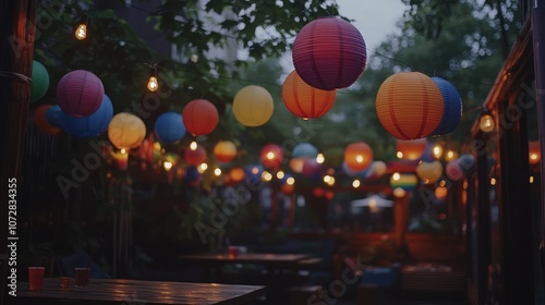 Colorful Lanterns Illuminate a Cozy Outdoor Space