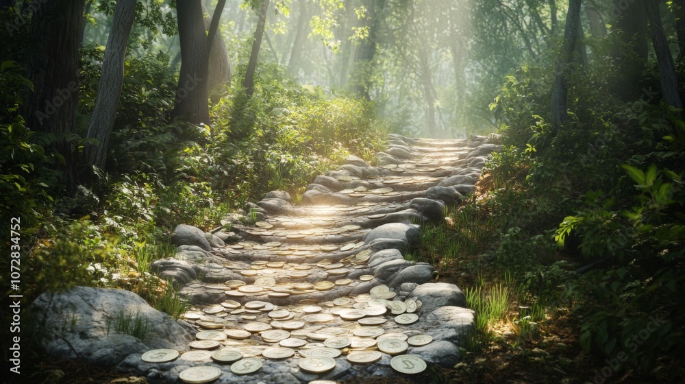 Pathway to Wealth A winding path or staircase made of coins or bills leading into a bright future or lush forest, suggesting the journey to financial success