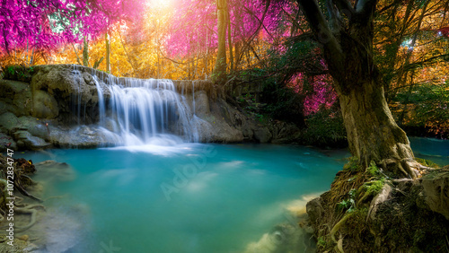 Amazing in nature, beautiful waterfall at colorful autumn forest in fall season	