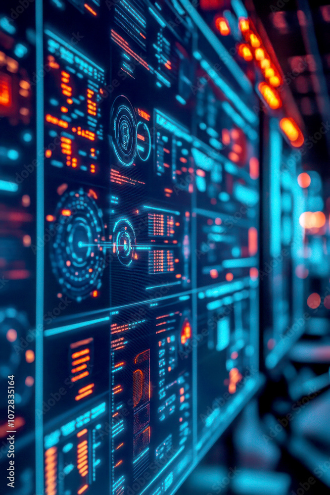 Obraz premium Futuristic user interface with data visualizations and controls.