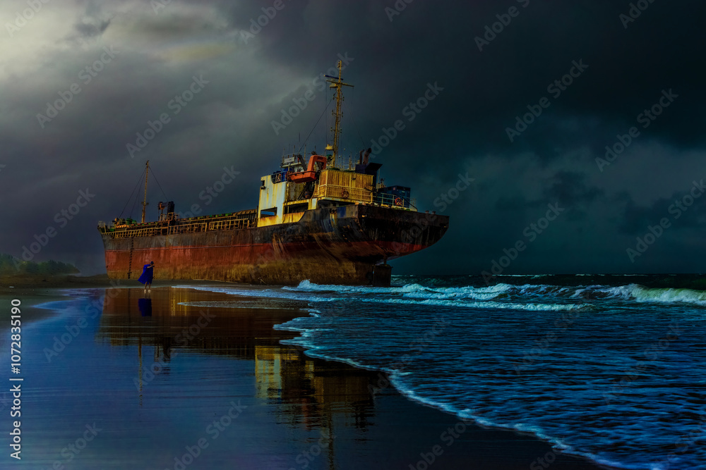 Cargo ship blown to the beach by typhoon Amazing power of nature in Golden Sea, Tainan, Taiwan