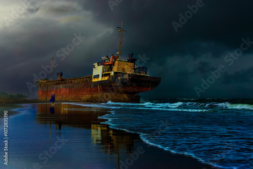 Obraz na płótnie Cargo ship blown to the beach by typhoon Amazing power of nature in Golden Sea, Tainan, Taiwan w salonie