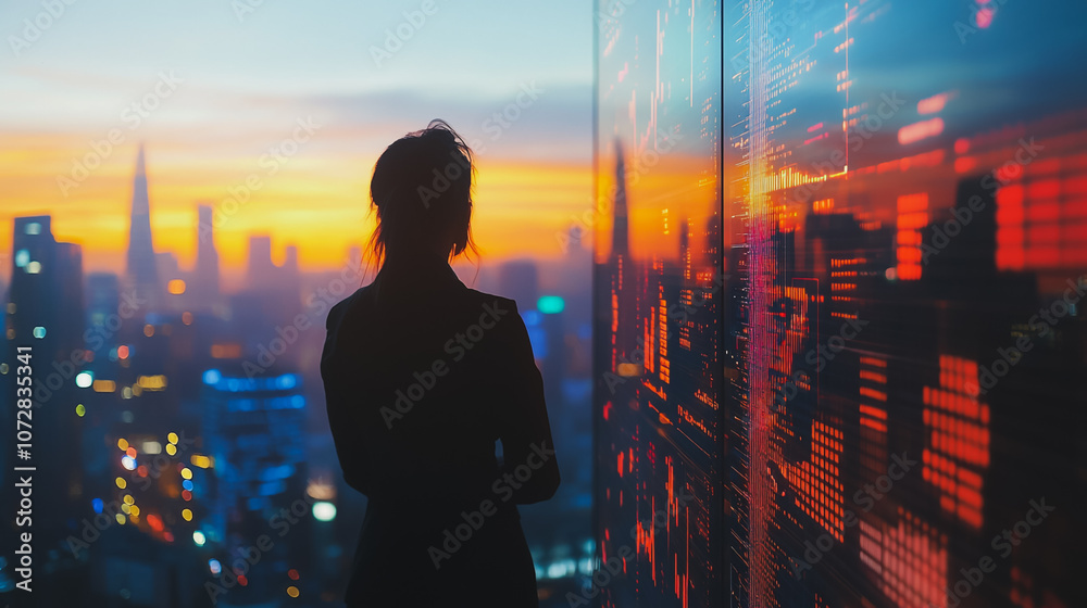 Fototapeta premium Abstract business woman stands on the peak of success amid tall, innovative Smart city and graphs with statistics to analyze business potential and predict future developments in company growth.