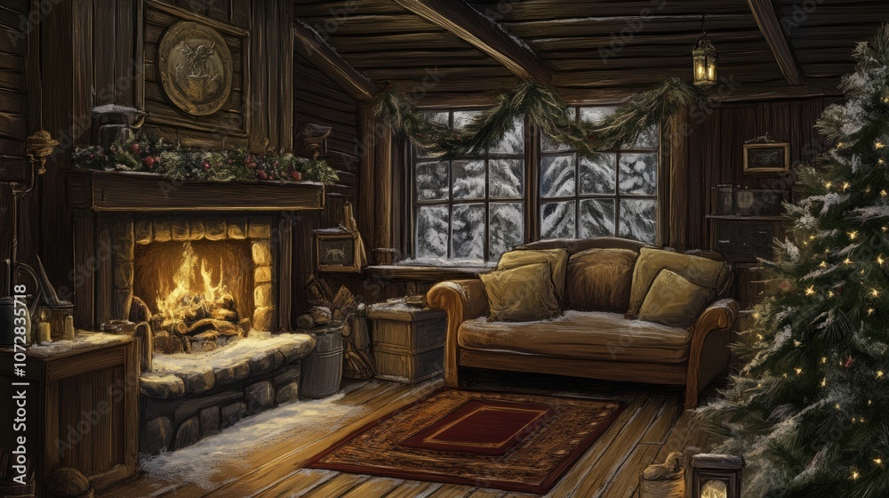 Fototapeta premium Cozy Cartoon Cabin Interior with Exaggerated Features