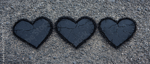 Three black heart shapes on a textured pavement, symbolizing love and connection in an urban environment. photo