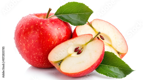 Fresh red apple leaf isolated on white,Red apple with leaf and slice isolated on the white background,Ripe red apples isolated on white Gala apples and leave with healthy food concept and tasty
