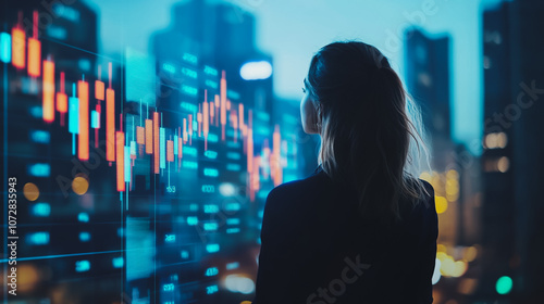 Abstract business woman stands on the peak of success amid tall, innovative Smart city and graphs with statistics to analyze business potential and predict future developments in company growth.