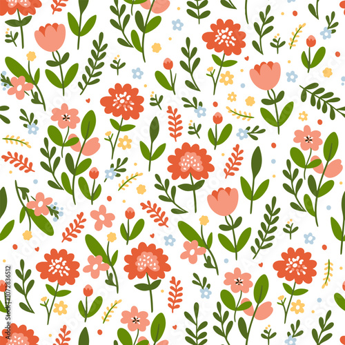 Seamless pattern of Easter eggs and flowers. Pattern with rabbits, wild flowers and clouds.