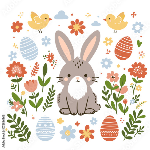 Vector set of easter elements with bunny, flowers, eggs. Easter chicken on the lawn.
