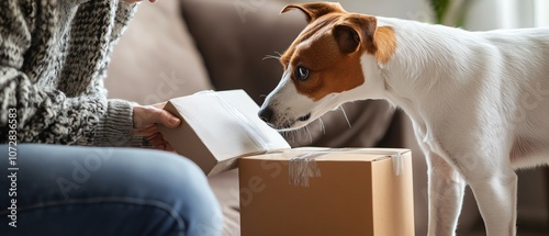 Dog discovers an intriguing package at home. photo