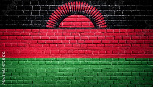 マラウイの国旗がペイントされたレンガの壁。(Brick wall painted with the Malawi flag.)
 photo