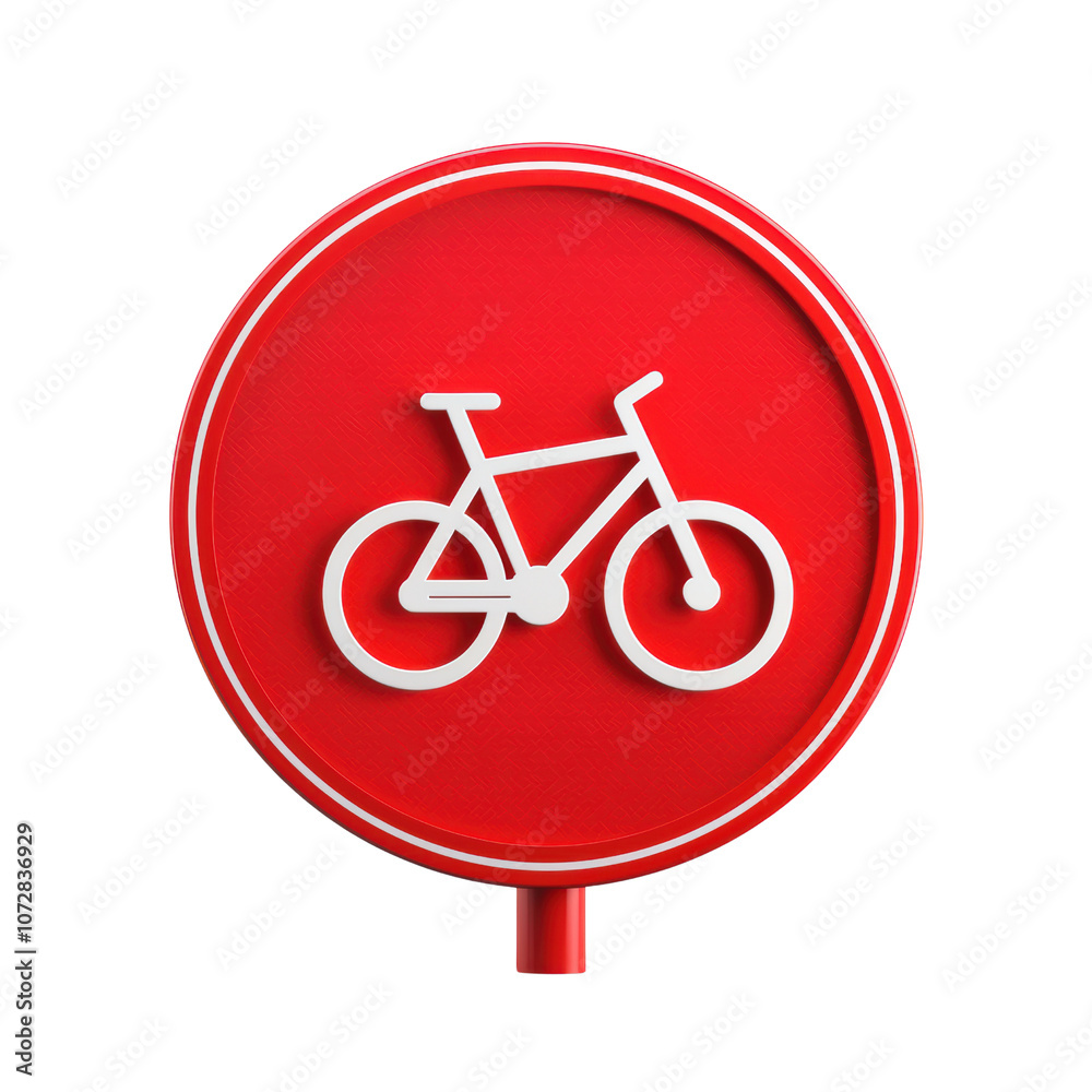 red circular sign featuring white bicycle symbol, indicating bike lane or cycling area. This vibrant design promotes cycling and outdoor activities