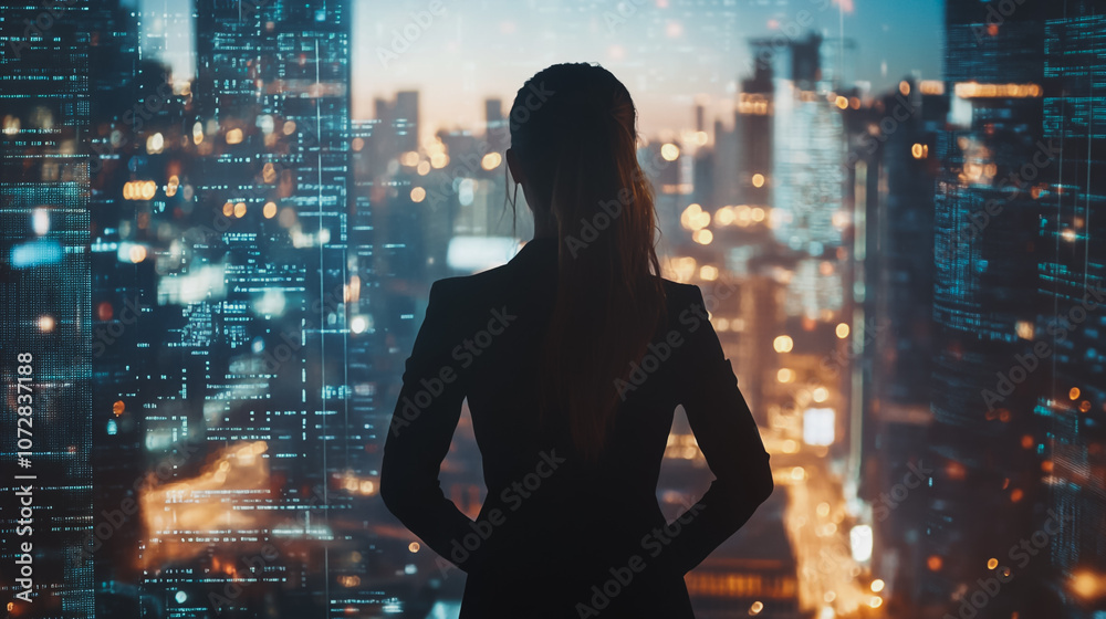 Abstract business women stands on the peak of success amid tall, innovative Smart city and graphs with statistics to analyze business potential and predict future developments in company growth. Abstract business women stands on the peak of success amid tall, innovative Smart city and graphs with statistics to analyze business potential and predict future developments in company growth.