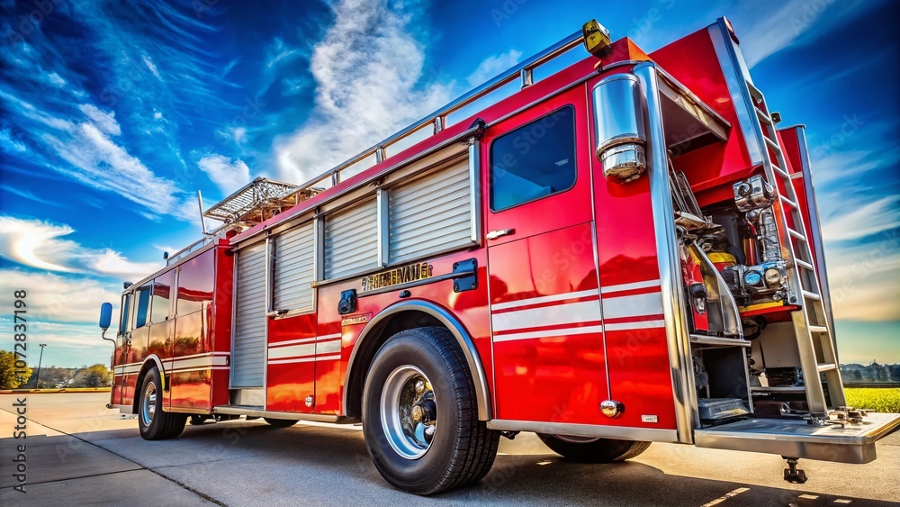 Fototapeta premium Striking Image of a Fire Engine Red Fire Truck Displaying Emergency Equipment with Copy Space for Fire and Rescue Service Promotions and Educational Materials