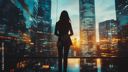 Abstract business women stands on the peak of success amid tall, innovative Smart city and graphs with statistics to analyze business potential and predict future developments in company growth.