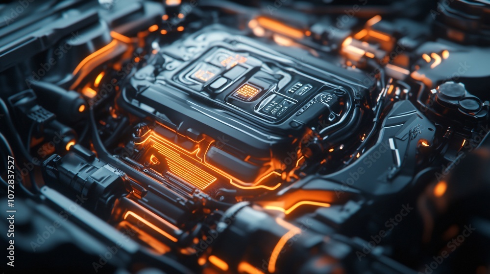 Futuristic Engine Closeup with Glowing Orange Lines