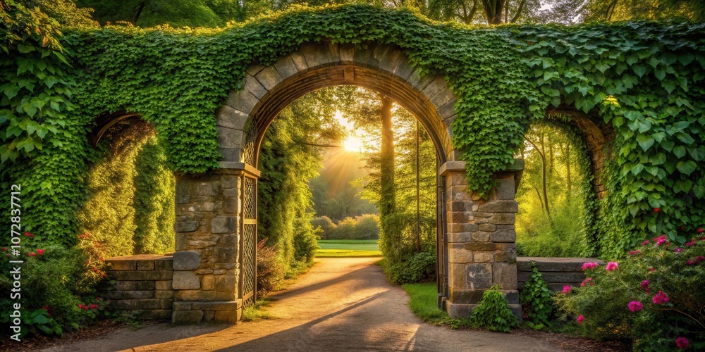 Stone Archway Covered in Lush Green Vines Leading to a Sun-Drenched Path in a Serene Garden Stone Archway Covered in Lush Green Vines Leading to a Sun-Drenched Path in a Serene Garden