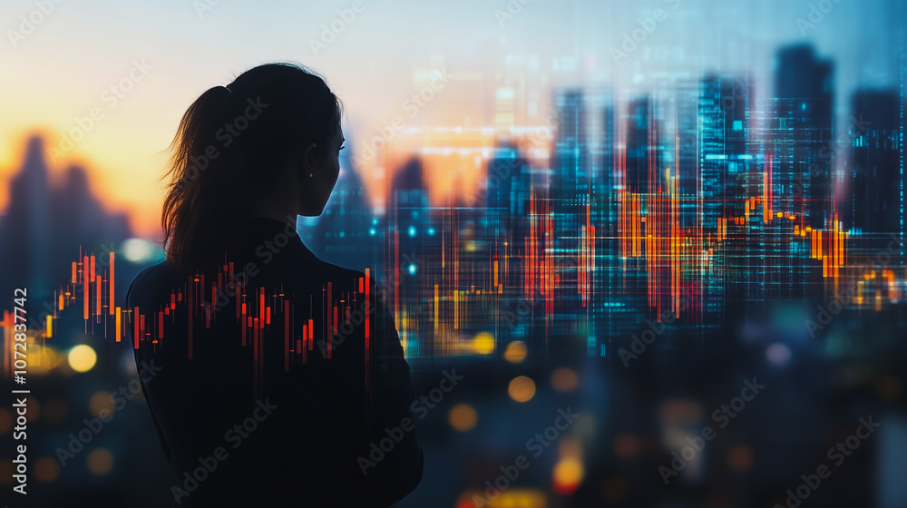 Abstract business women stands on the peak of success amid tall, innovative Smart city and graphs with statistics to analyze business potential and predict future developments in company growth.