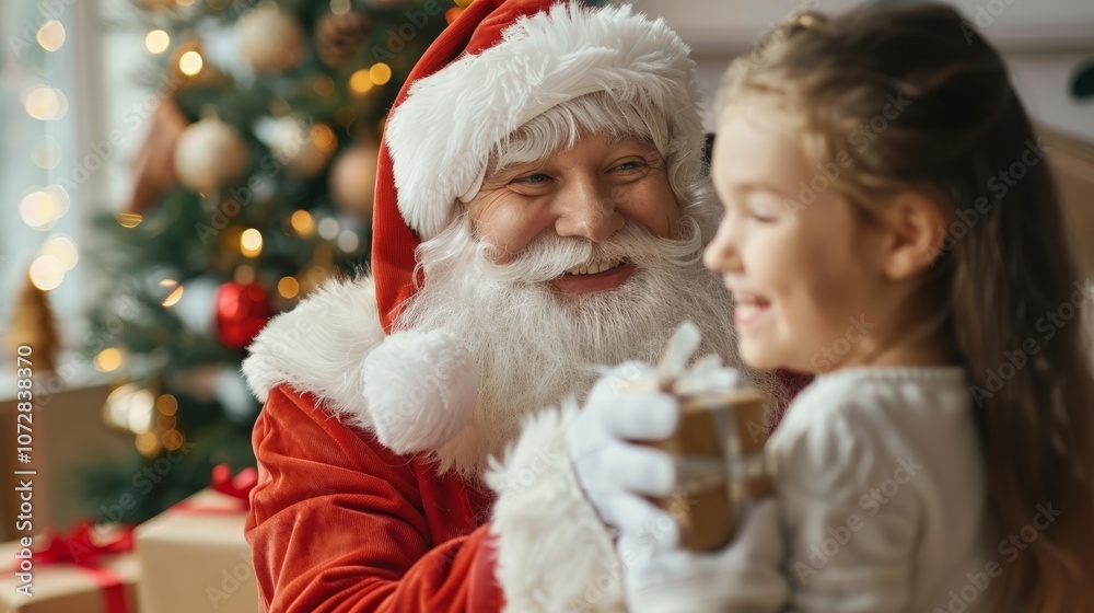 Santa Claus smiles and presents a wrapped gift to a young girl with long brown hair. She is happy to receive the present. Santa Claus smiles and presents a wrapped gift to a young girl with long brown hair. She is happy to receive the present.