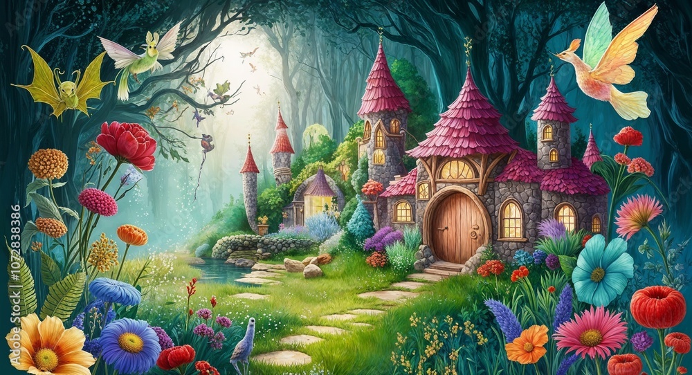 Obraz premium Whimsical fantasy scene in illustration background