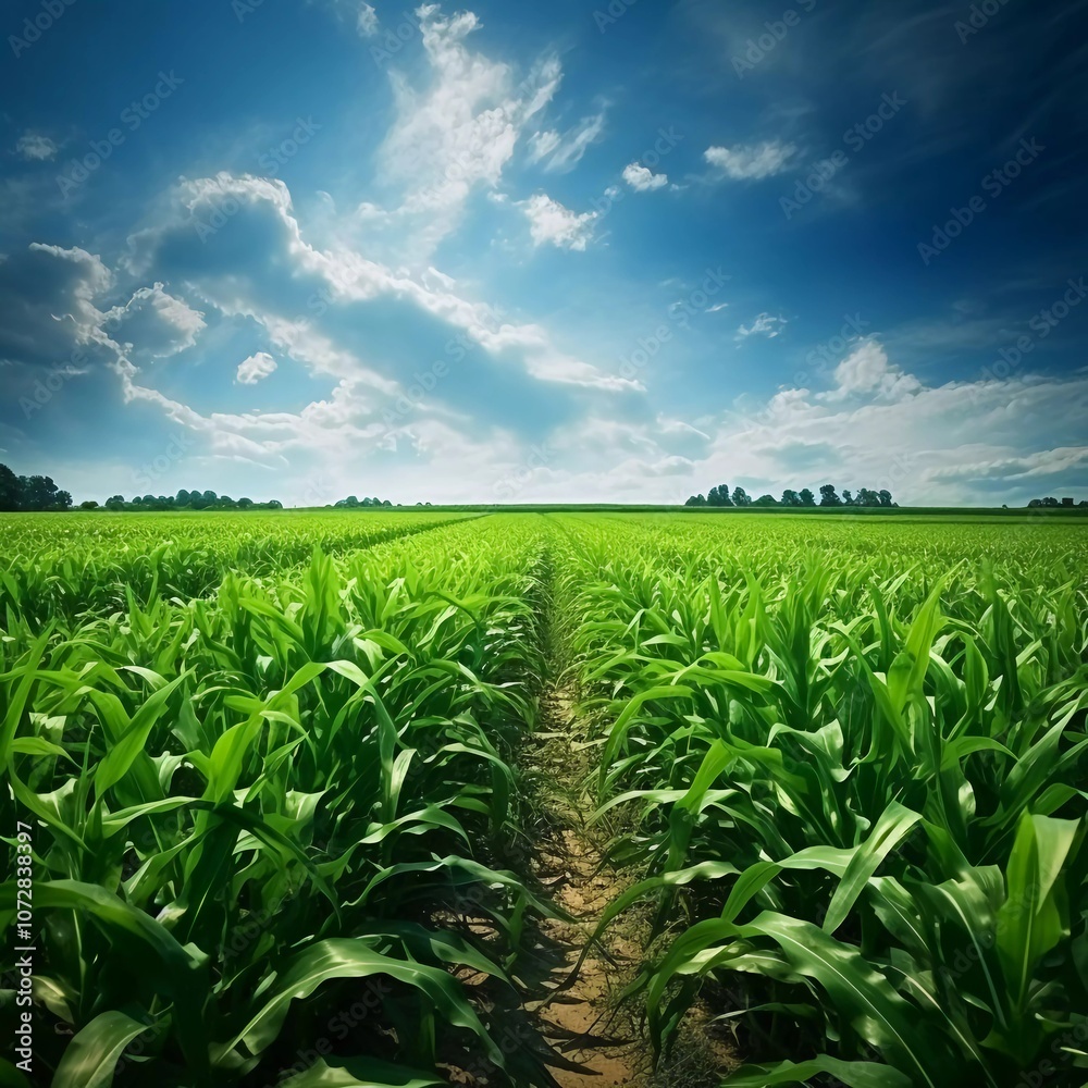 Lush green cornfield under a bright blue sky with scattered clouds. Lush green cornfield under a bright blue sky with scattered clouds.