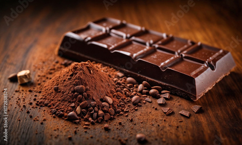 Broken dark chocolate bar and cocoa powder on a brown table