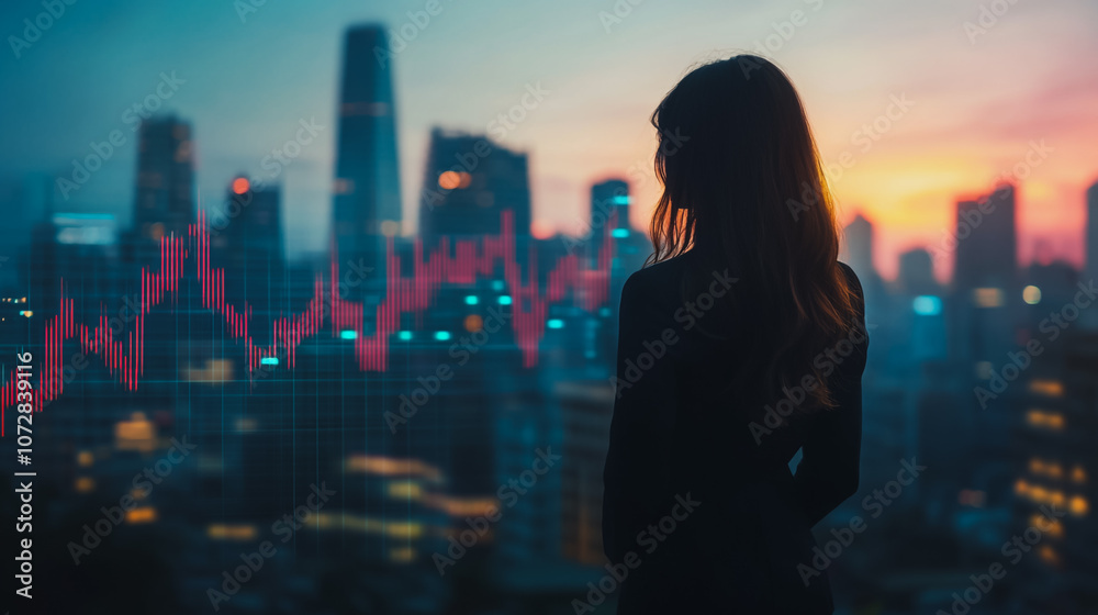 Abstract business woman stands on the peak of success amid tall, innovative Smart city and graphs with statistics to analyze business potential and predict future developments in company growth. Abstract business woman stands on the peak of success amid tall, innovative Smart city and graphs with statistics to analyze business potential and predict future developments in company growth.