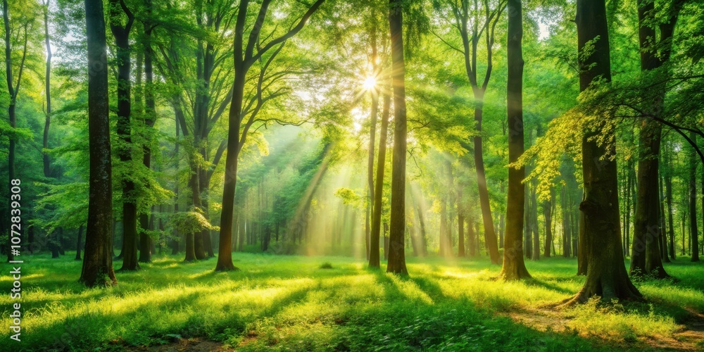 Obraz premium Sunlight Dappling Through the Forest Canopy, Illuminating the Lush Greenery and Casting Long Shadows on the Forest Floor