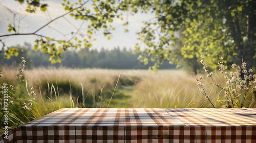 Picnic table and tablecloth on the grass photo