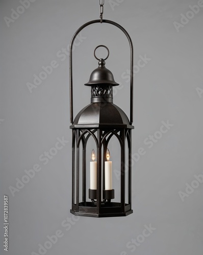 Iron lantern with Gothic arches on a plain gray background