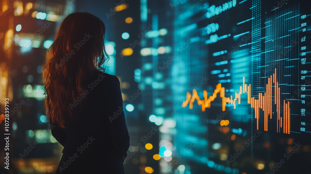 Abstract business woman stands on the peak of success amid tall, innovative Smart city and graphs with statistics to analyze business potential and predict future developments in company growth. Abstract business woman stands on the peak of success amid tall, innovative Smart city and graphs with statistics to analyze business potential and predict future developments in company growth.