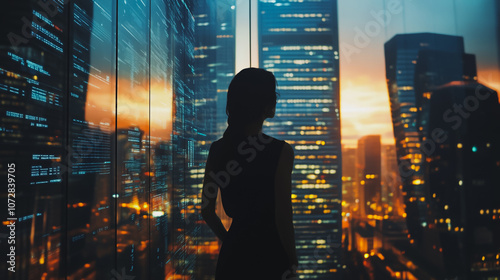 Abstract business woman stands on the peak of success amid tall, innovative Smart city and graphs with statistics to analyze business potential and predict future developments in company growth.