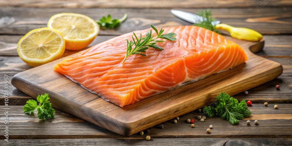 A fresh salmon fillet on a wooden cutting board, garnished with lemon, parsley, and rosemary A fresh salmon fillet on a wooden cutting board, garnished with lemon, parsley, and rosemary