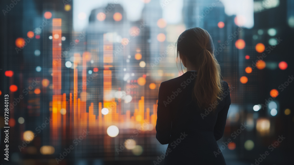 Abstract business woman stands on the peak of success amid tall, innovative Smart city and graphs with statistics to analyze business potential and predict future developments in company growth. Abstract business woman stands on the peak of success amid tall, innovative Smart city and graphs with statistics to analyze business potential and predict future developments in company growth.