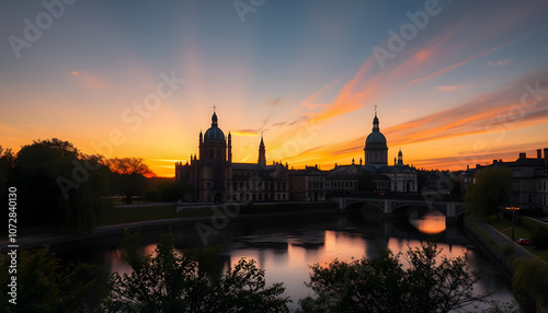 Cambridge, beautiful sunset. King's college chapel and river Cam at sunset. Cambridge University buildings isolated with white highlights, png