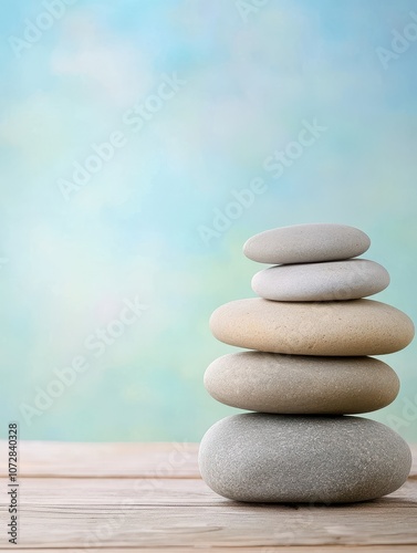 A serene stack of smooth pebbles on a wooden surface, set against a softly blurred blue and green background, evoking tranquility and balance.