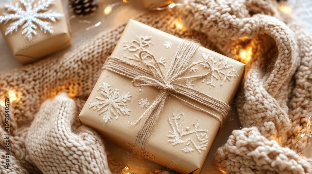 A close-up of a beautifully wrapped gift surrounded by sparkling lights and winter fashion accessories like gloves and scarves. A close-up of a beautifully wrapped gift surrounded by sparkling lights and winter fashion accessories like gloves and scarves.