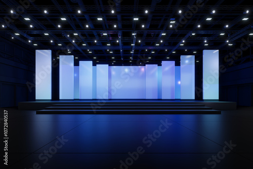 Empty stage Design for mockup and Corporate identity,Display.Platform elements in hall.Blank screen system for Graphic Resources.Scene event led night light staging.3d Background for online.3 render.