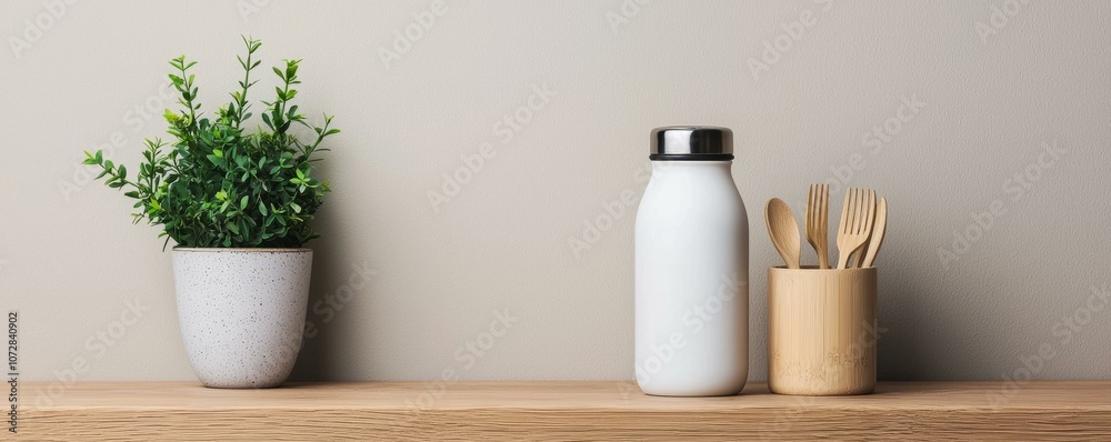 A minimalist kitchen setup with a plant, bottle, and wooden utensils on a counter. A minimalist kitchen setup with a plant, bottle, and wooden utensils on a counter.