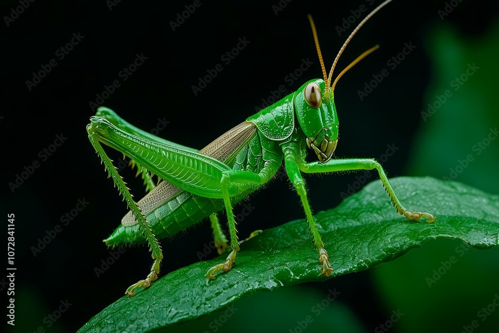 Close-up of a vibrant green grasshopper perched on a lush leaf in nature. Close-up of a vibrant green grasshopper perched on a lush leaf in nature.