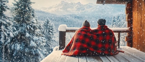 Cozy couple enjoying a snowy mountain view from a comfortable wooden cabin. photo